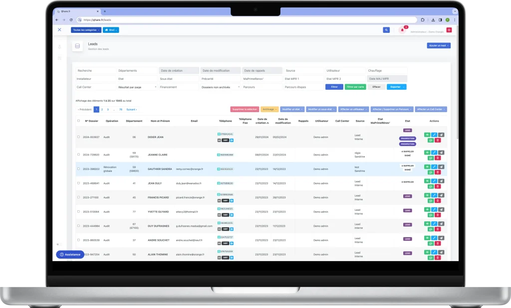 Section gestion et suivi des leads